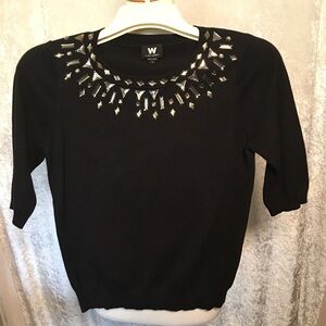 W By Worth Black Short Sleeve cotton Top W/ Embellished Sequins Size Small